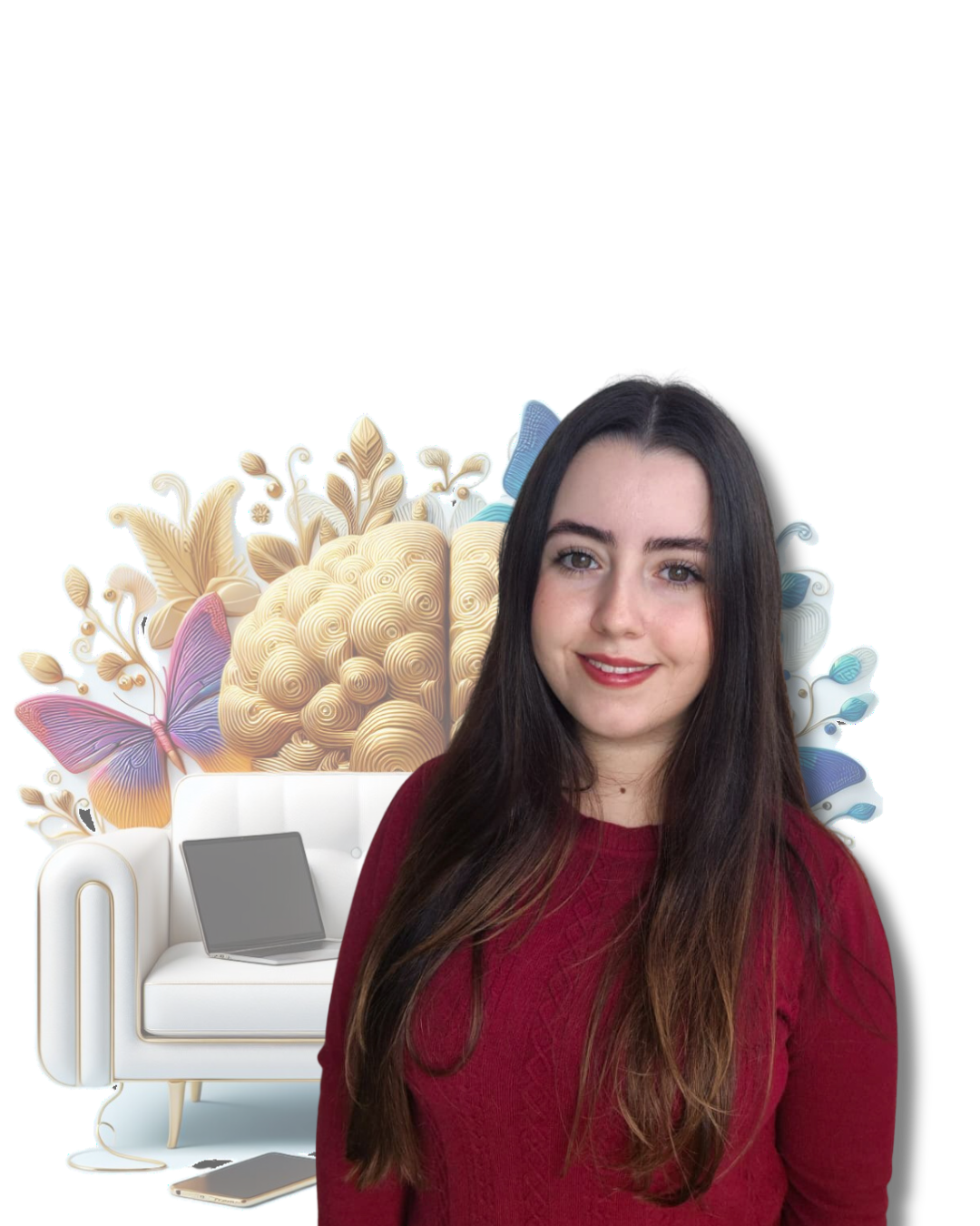 Retrato de Ingrid Diniz com elementos decorativos ao fundo